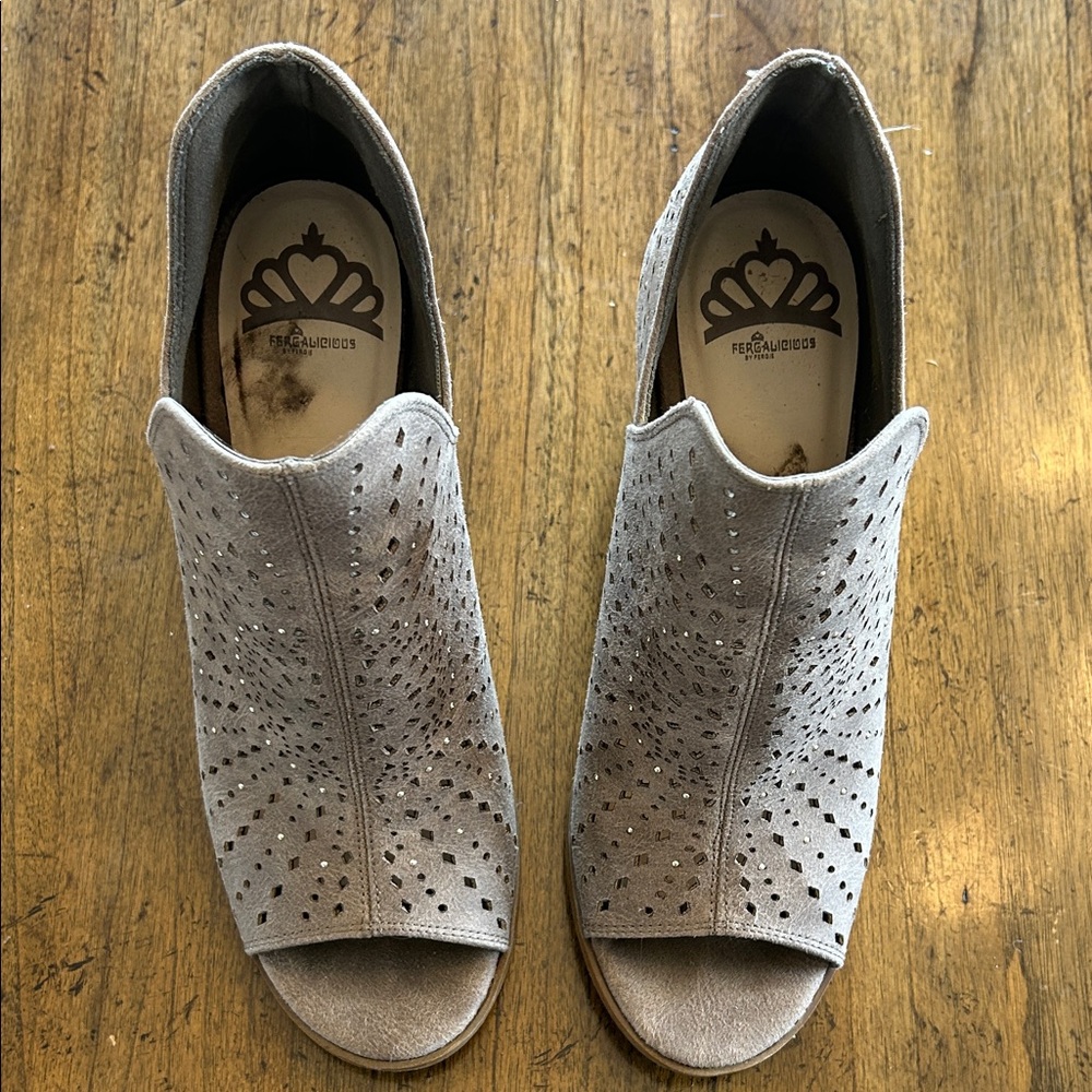 Fergalicious Gray Suede Perforated Peep-Toe Mules